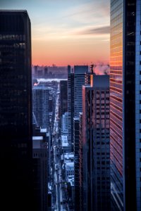 aerial view of road between buildings