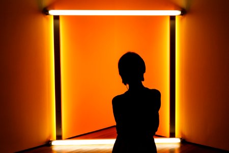 silhouette of woman standing in front of orange wall photo
