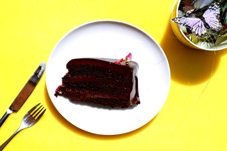 sliced chocolate moist cake in plate near gray stainless steel fork and knife photo