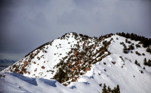 snow-capped mountain and trees under white and blue sky photo