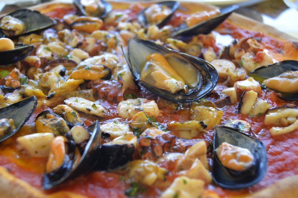 Seafood mussels brown pizza