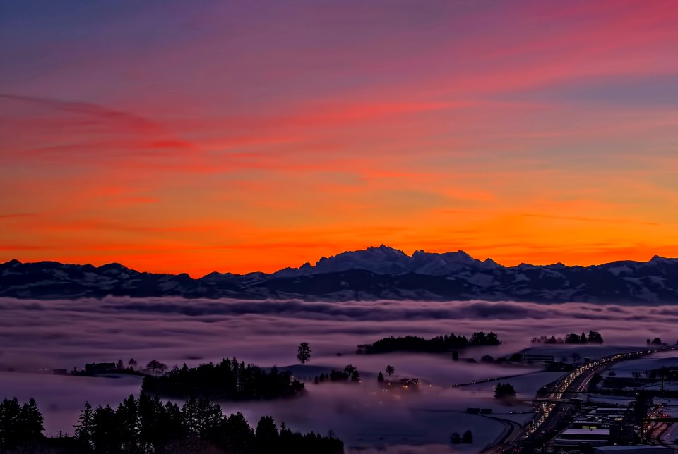 mountain silhouette during sunset photo