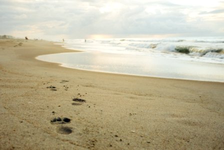 footprints on beach sand under cloudy sky photo