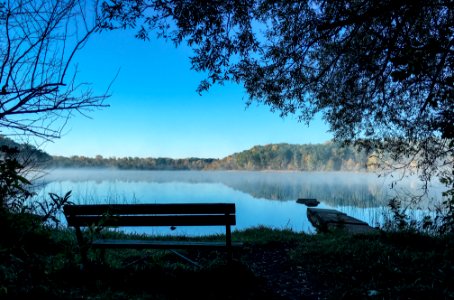 bench in front of body of water photo