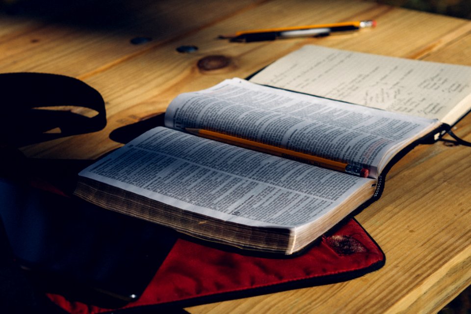 pencil on open book near iPhone