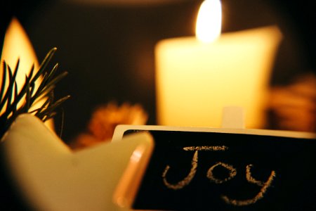 A black chalkboard that says "Joy," in white chalk, with white candles in the background. photo