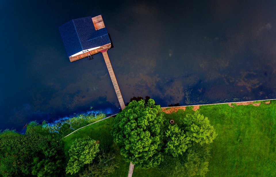 blue wooden house on body of water near green trees