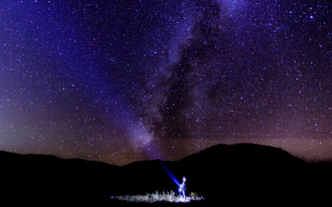 person holding light in milky way photo