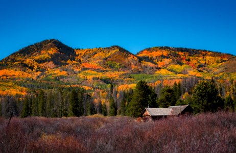 photo of brown wooden house beside mountain