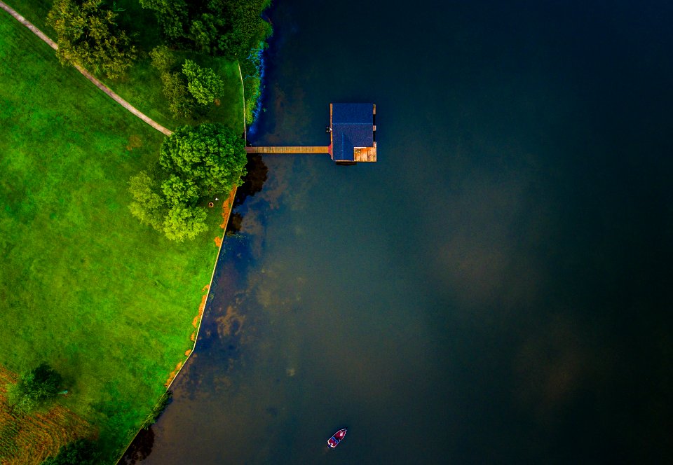 bird's eye view of blue wooden house on body of water near trees