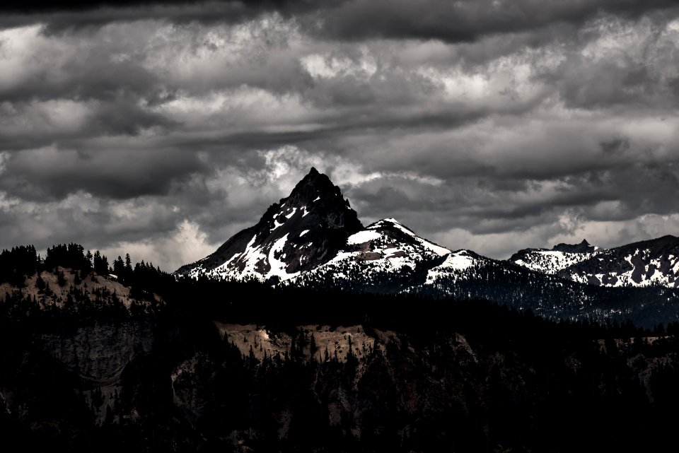 grayscale photography of mountains and trees