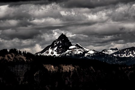 grayscale photography of mountains and trees