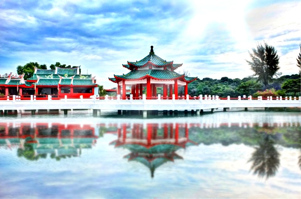 Chinese temple near calm body of water