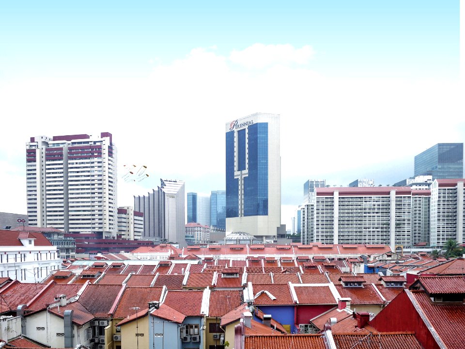 top view of house roofs and high-rise buildings under white sky