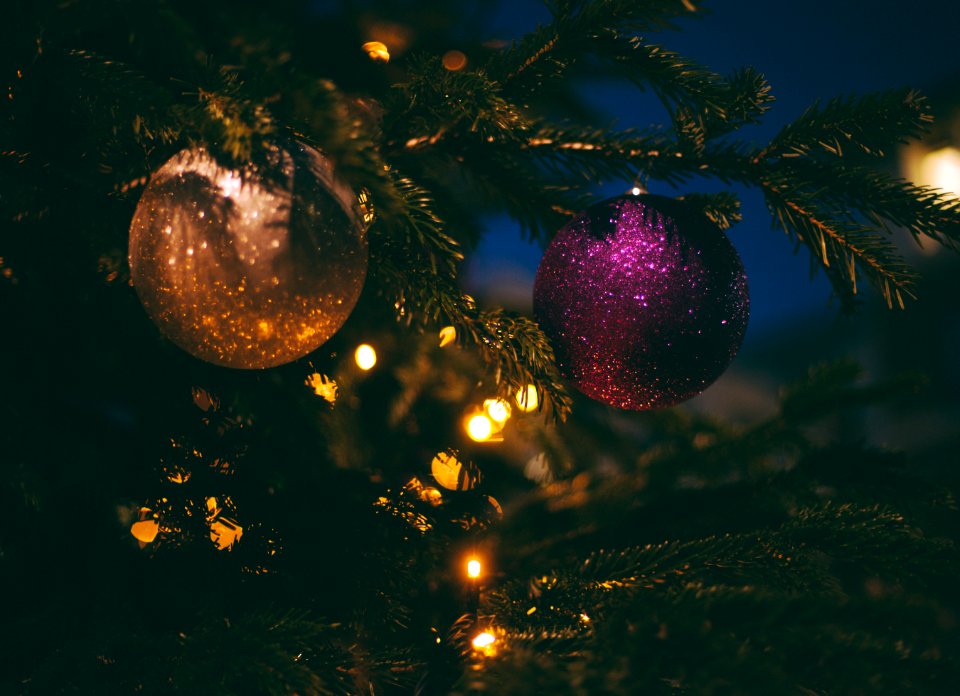 beige and purple baubles