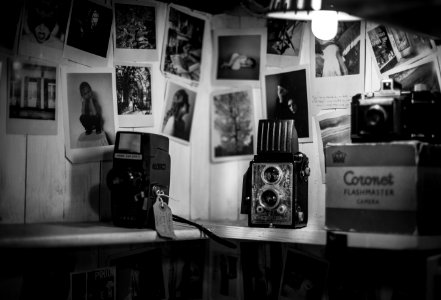 grayscale photo of vintage camera photo