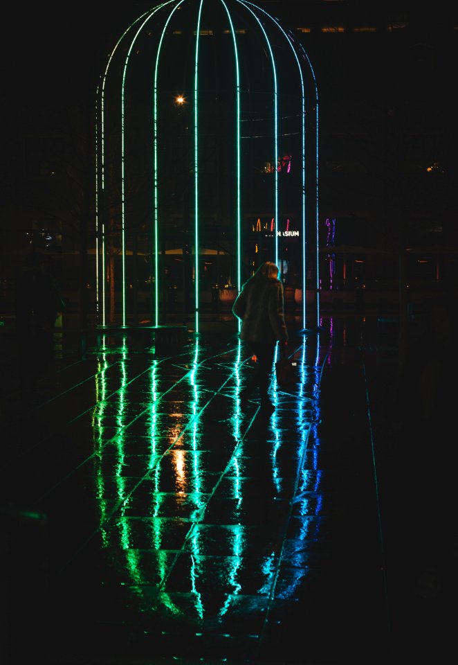 Neon light lines at King's Cross railroad station in London