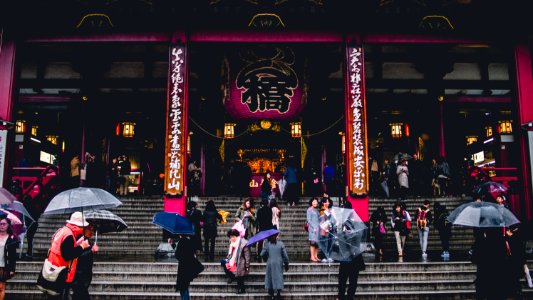people walking on concrete stairs in front of temple photo