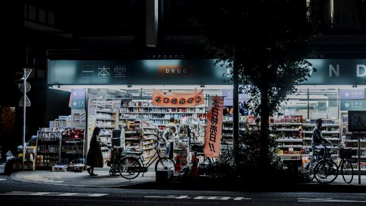 photo of man and woman standing near bicycles and opened establishment photo