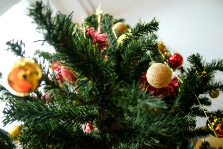 gold and silver baubles on green christmas tree photo