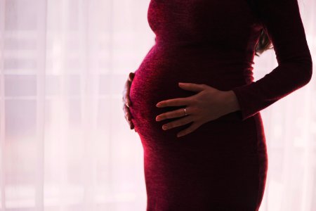 pregnant woman wearing red long-sleeved dress photo