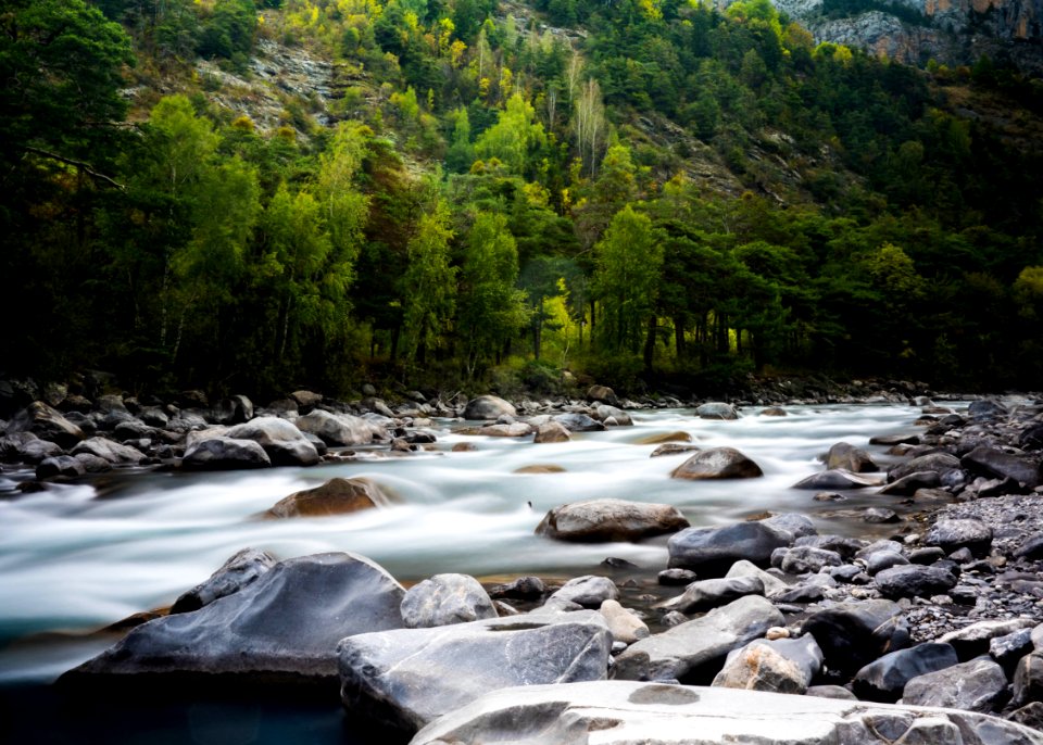 timelapse photograph of rocky river