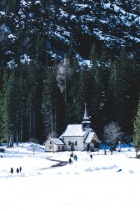 people walking on snow covered ground near white and brown house surrounded by trees during daytime photo