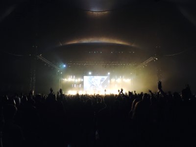 crowd standing near stage with band at night photo