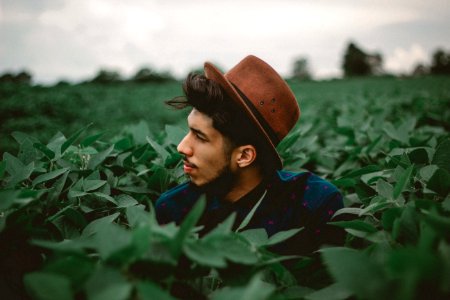 man surrounded by green leafed plant field in shallow focus photography photo
