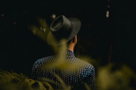 woman wearing fedora hat facing the forest photo