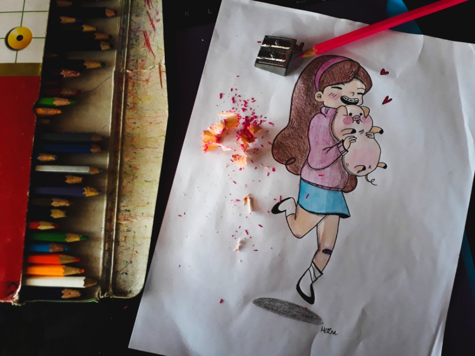 A drawing of a little girl holding a baby pig.