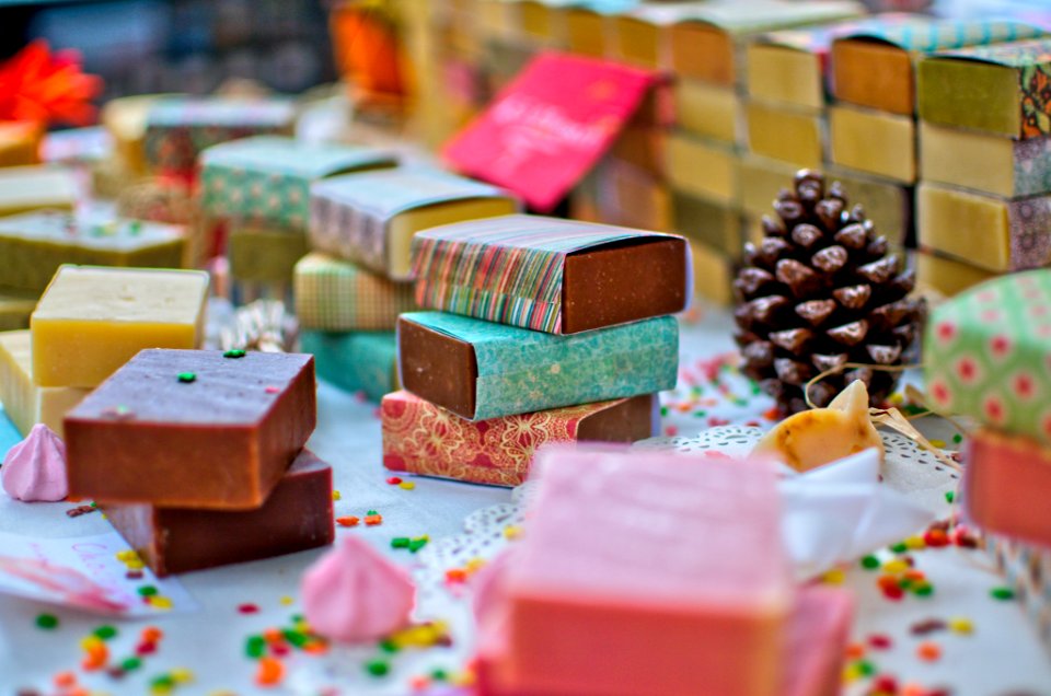 assorted-color bar soap lot on white surface