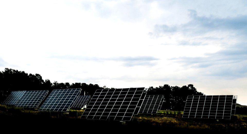 silhouette photography of assorted solar panel behind trees
