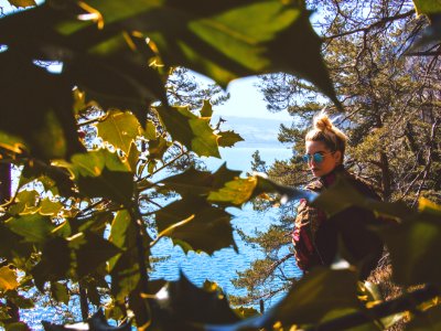 woman behind tree photo