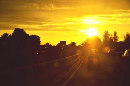 vehicles on road during golden hour photo