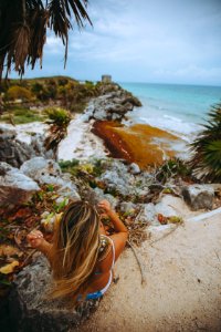 woman sitting on gray rocks near palm trees photo