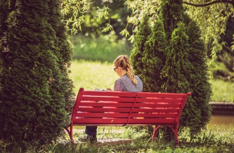 woman sitting on red wooden bench photo
