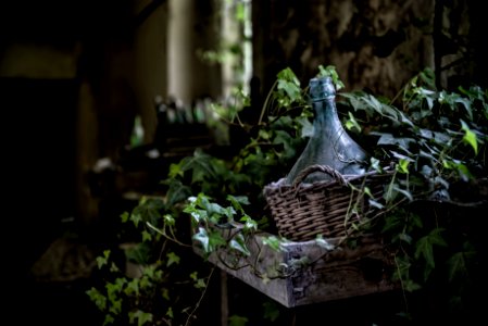 clear glass bottle on brown wicker basket photo