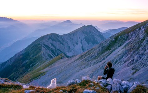 person sitting on mountain near white dog during daytime photo