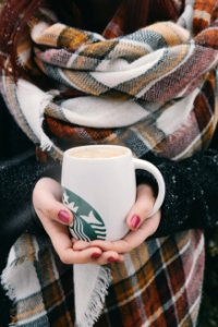 person holding white and green Starbucks ceramic mug photo