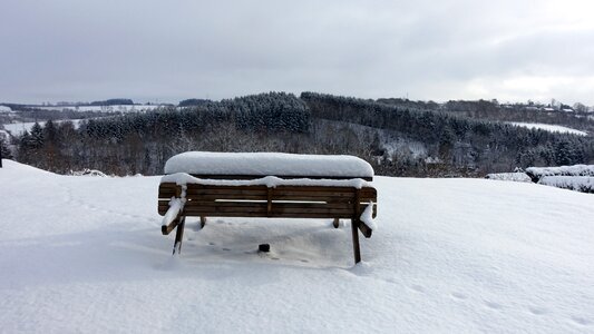 Landscape snow snowy trees bench