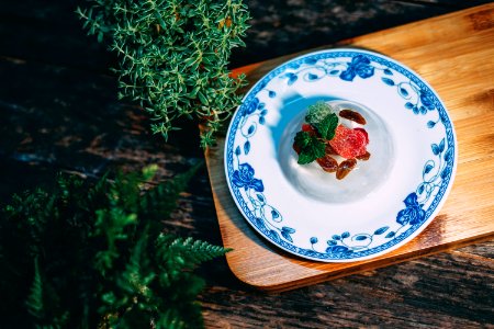 flat-lay photography of desert food on plate photo