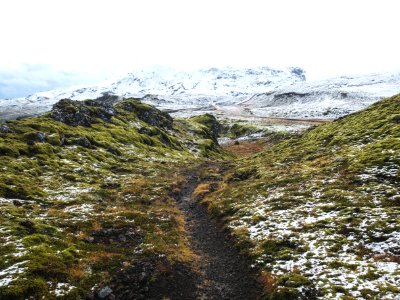 pathway between green grass hill towards snow capped mountain