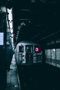 selective color photo of a subway station with train photo