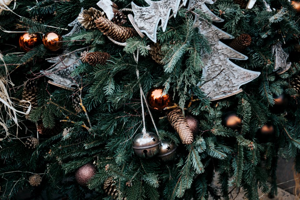 Christmas tree with baubles and pine cones photo