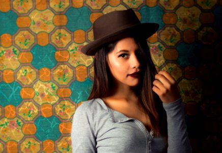 woman in gray long sleeve shirt wearing black fedora hat photo