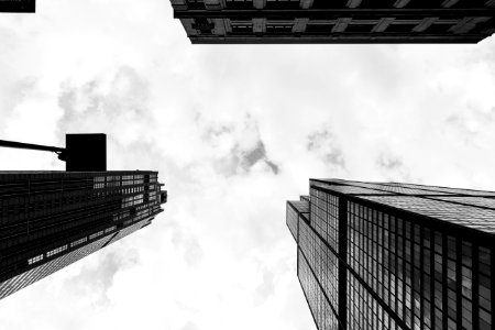 grayscale photo of high rise buildings photo