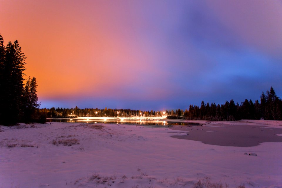 lit streetlights near body of water during nighttime