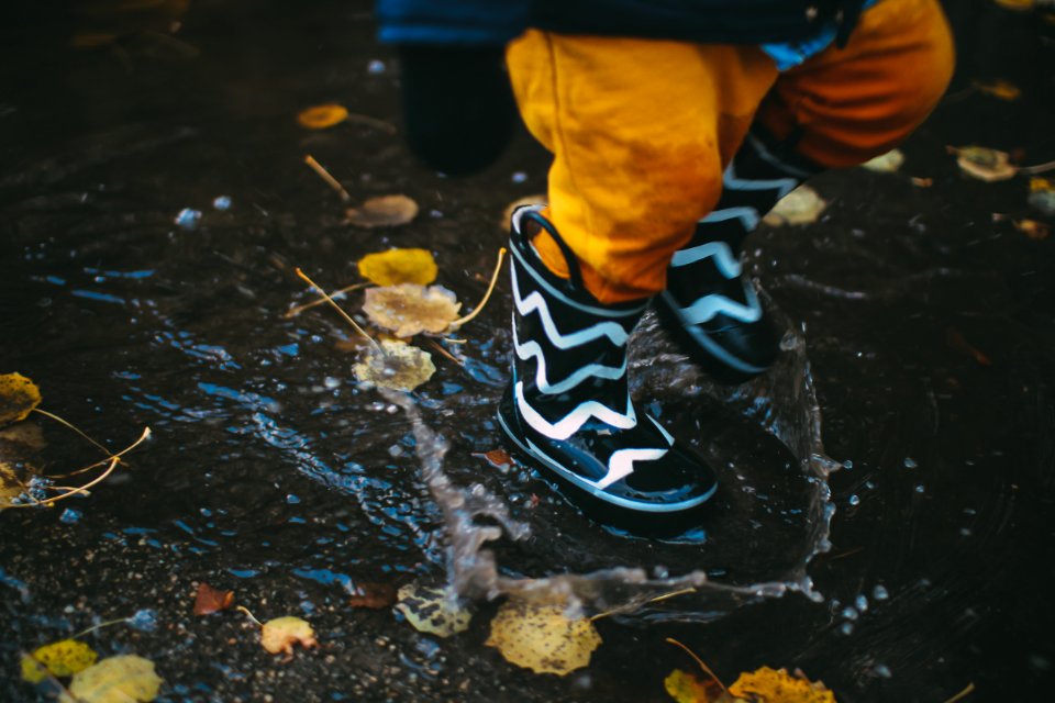toddler wearing black and white rain boots standing on body of water