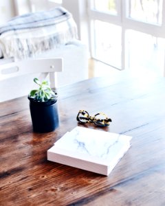 hardbound book beside eyeglasses and succulent plant on table inside room photo